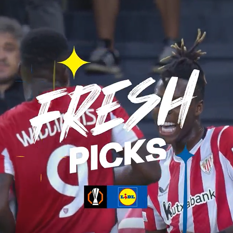 Nogometaši u crveno-bijelim dresovima s tekstom „FRESH PICKS“ i logotipom Lidl.