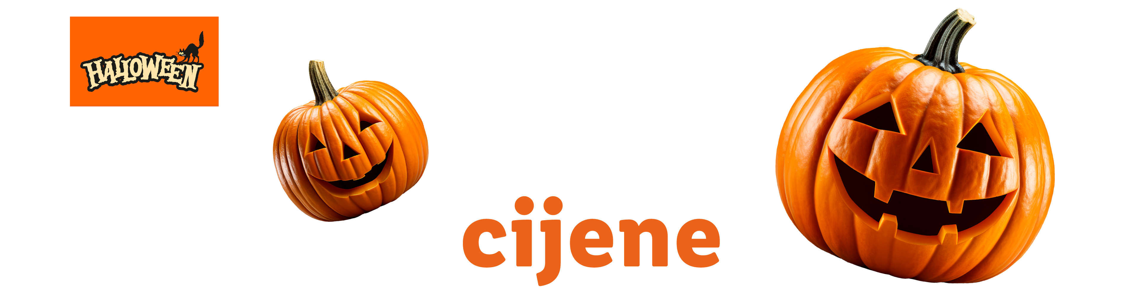 Dva izrezbarena jack-o'-lampiona i natpis 'HALLOWEEN' s crnom mačkom.