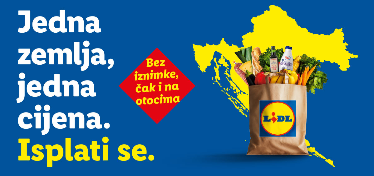 Karta Hrvatske s vrećicom punom namirnica i tekstom: 'Jedna zemlja, jedna cijena. Isplati se. Bez iznimke, čak i na otocima.'