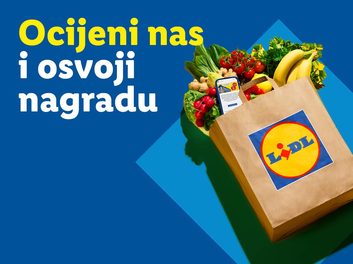 Lidl vrećica s namirnicama i natpisom: Ocijeni nas i osvoji nagradu