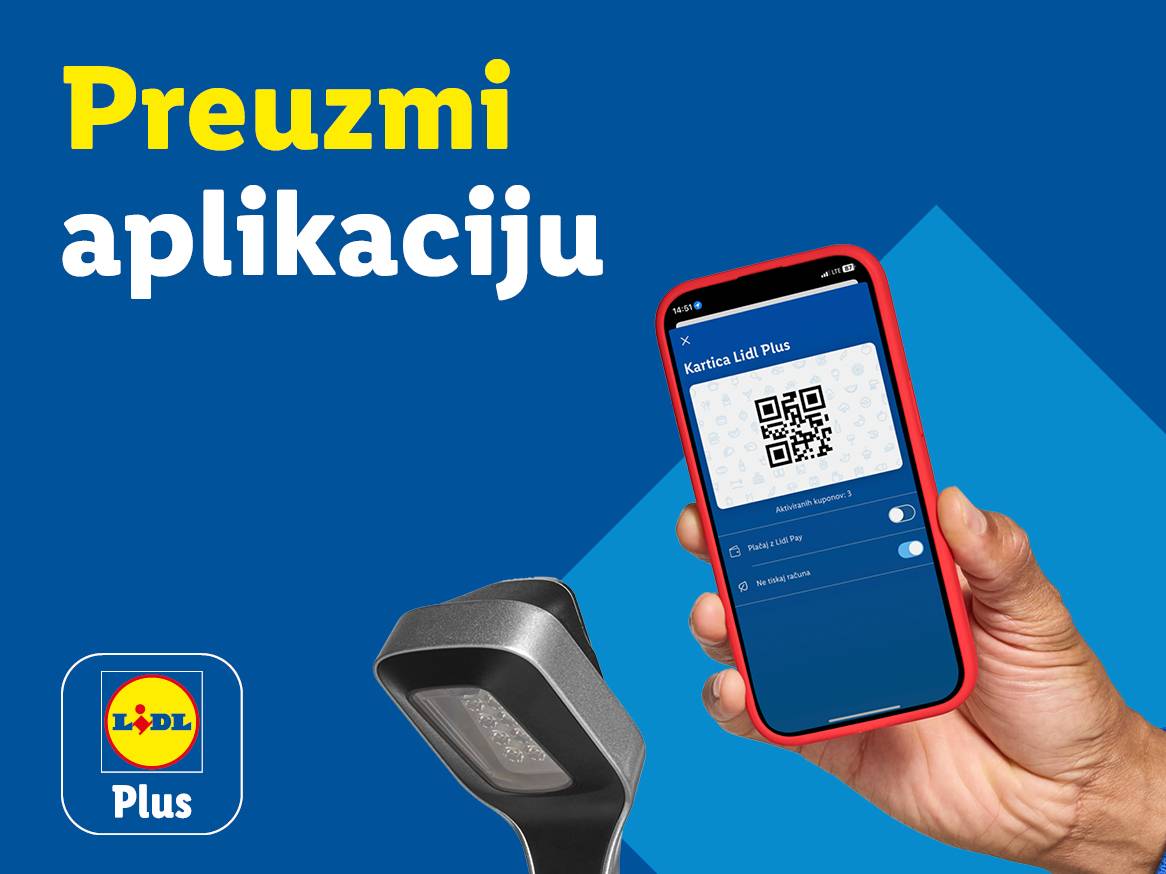 Lidl Plus aplikacija prikazana na pametnom telefonu s QR kodom i opcijama plaćanja.