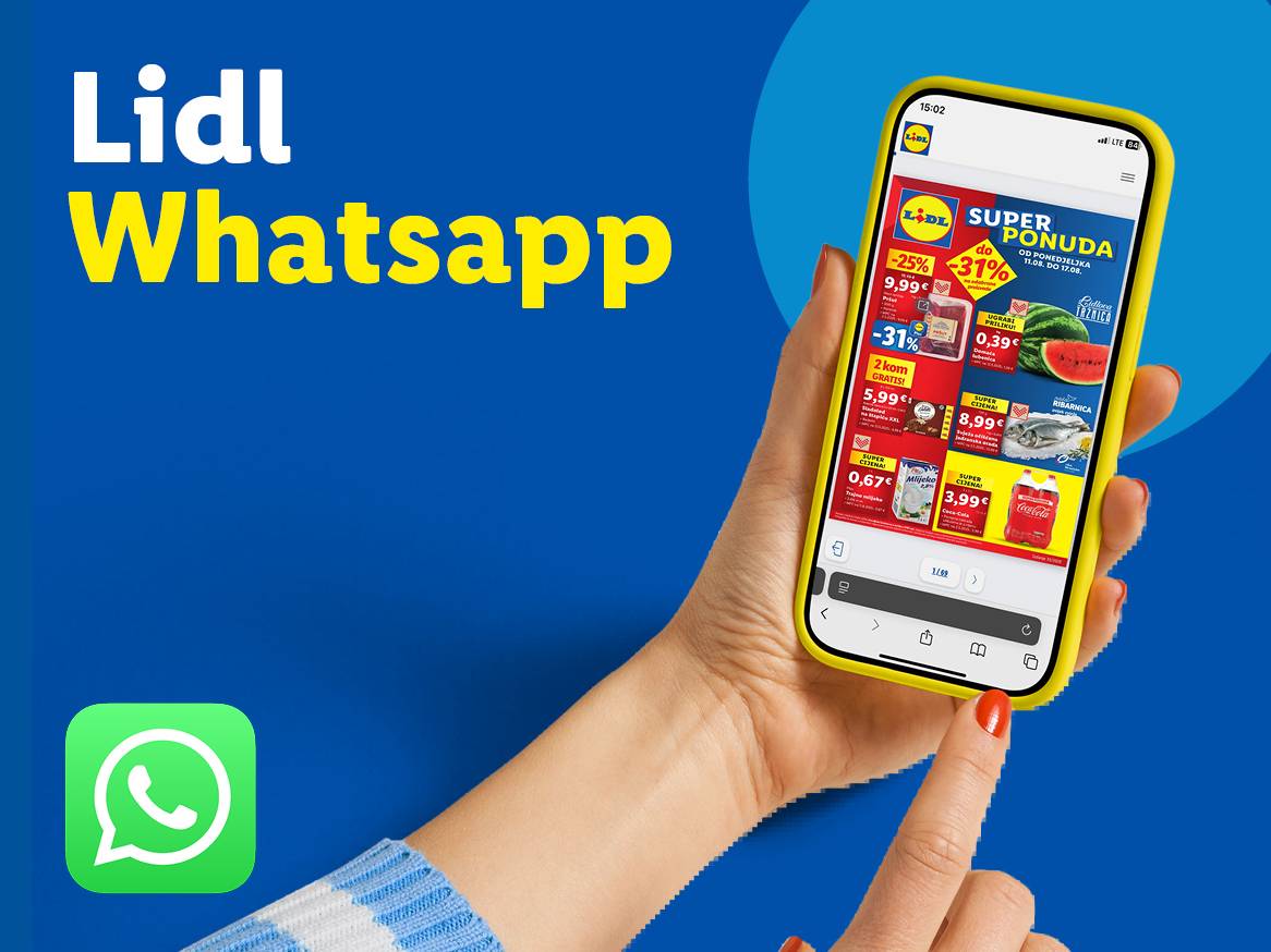 Lidl reklama za WhatsApp s prikazom mobilne aplikacije i ponuda proizvoda.