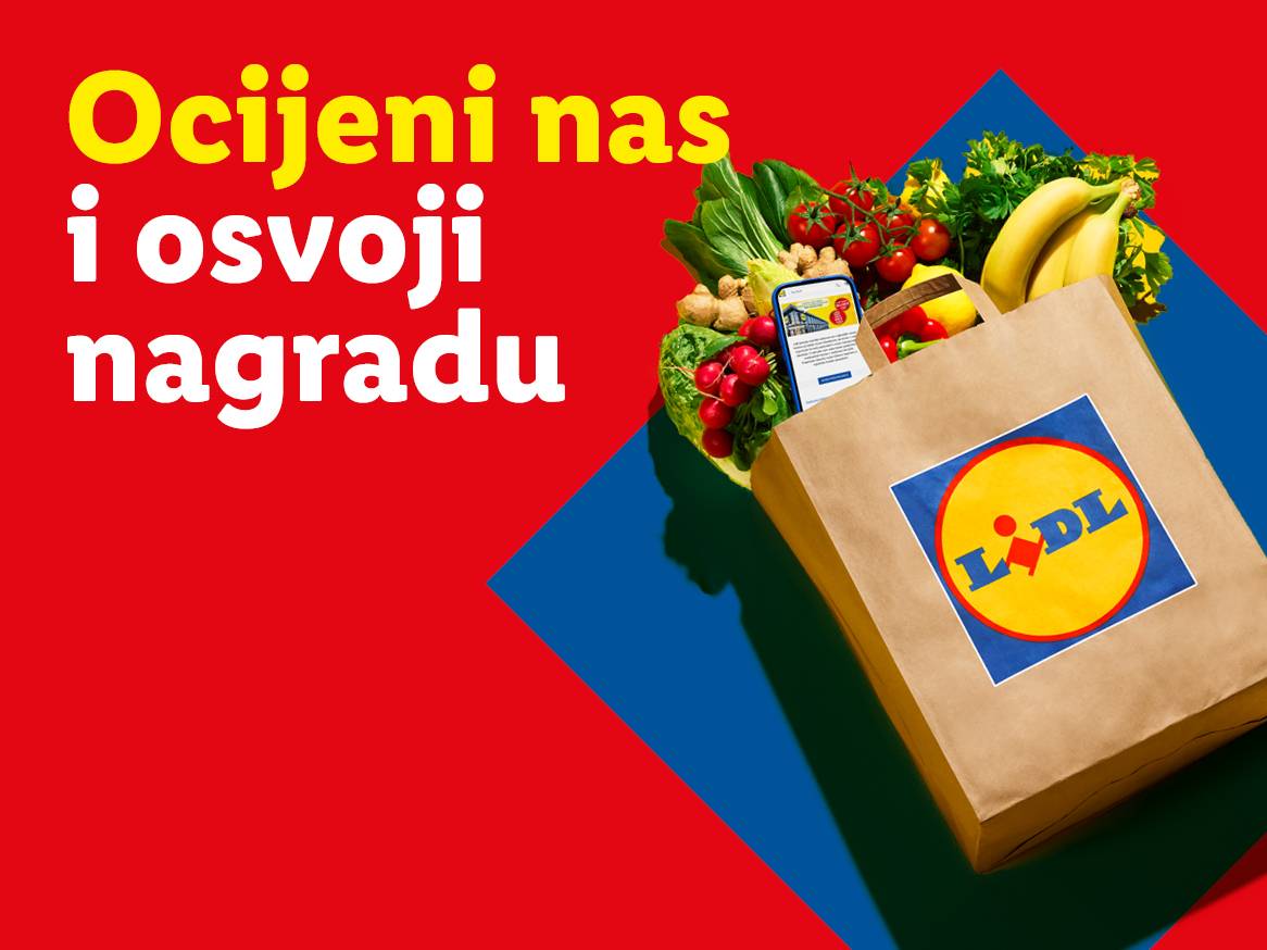 Lidl papirnata vrećica puna svježeg voća i povrća s natpisom 'Ocijeni nas i osvoji nagradu'.