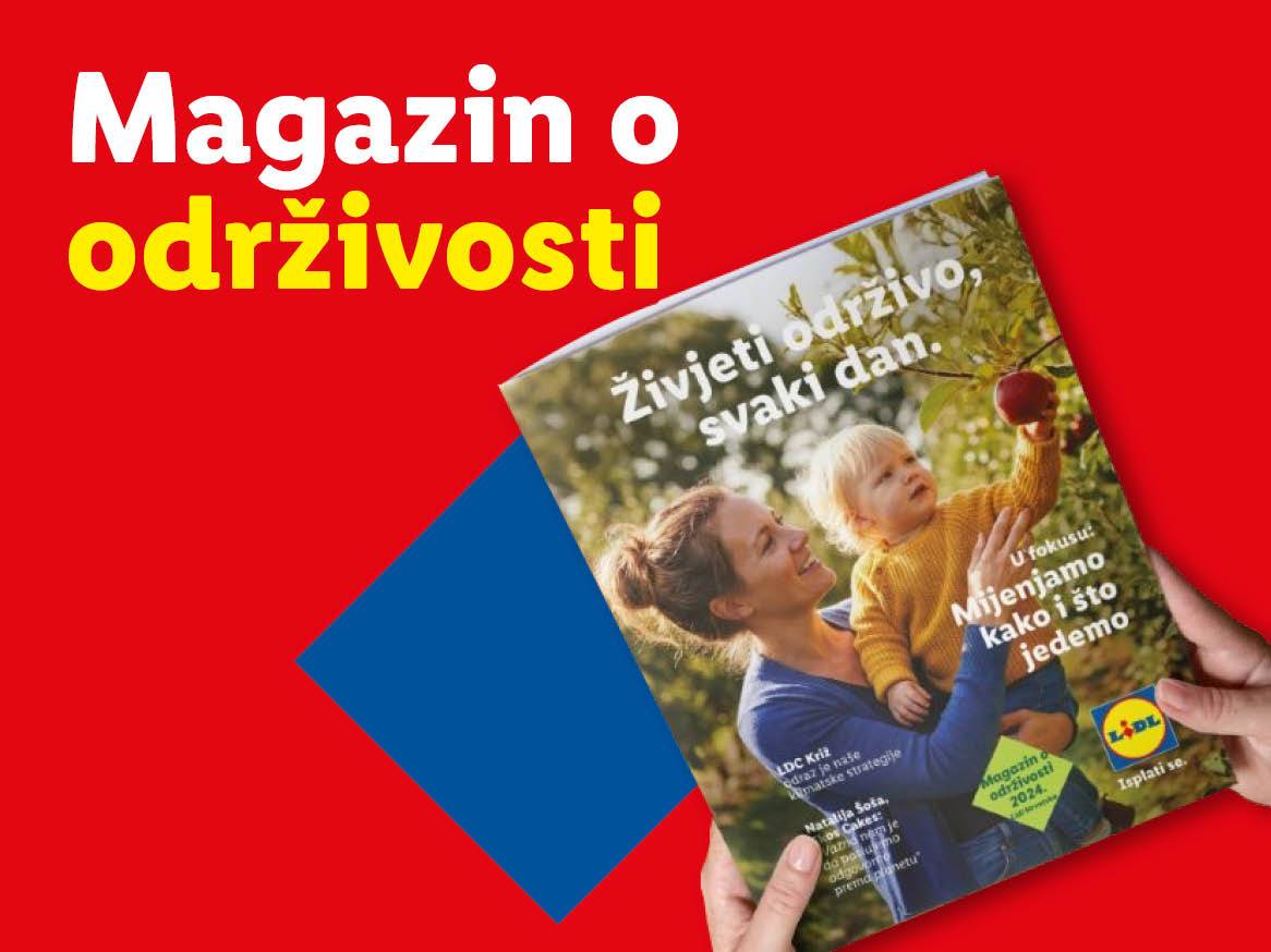 Časopis o održivosti s naslovnicom majke i djeteta koje bere jabuku, s tekstom 'Živjeti održivo, svaki dan'.