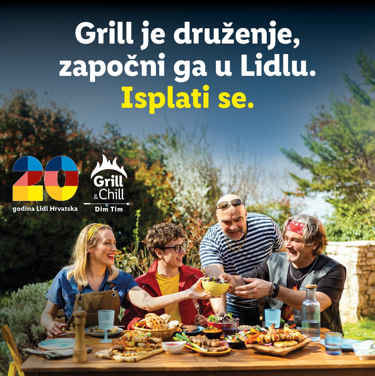Prijatelji uživaju u roštilju s mesom, povrćem i salatama, uz natpis 'Grill je druženje, započni ga u Lidlu. Isplati se.'