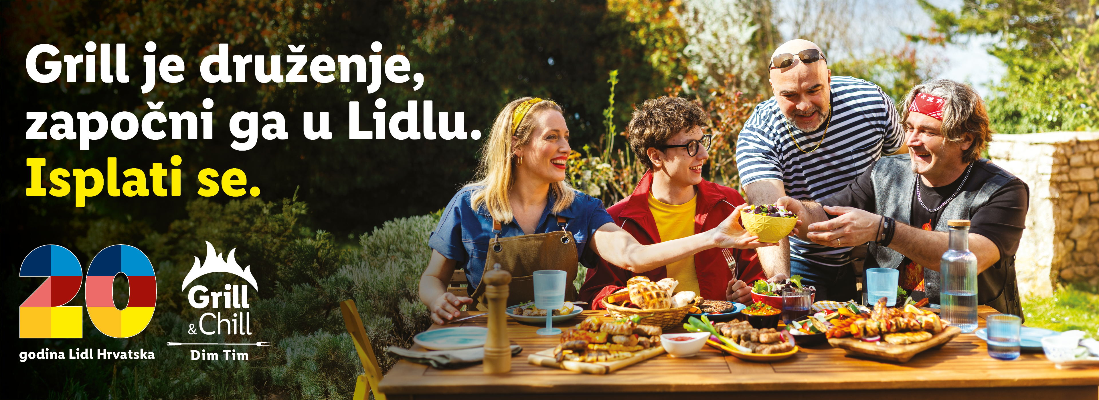Prijatelji uživaju u roštilju s mesom, povrćem i salatama, uz natpis 'Grill je druženje, započni ga u Lidlu. Isplati se.'