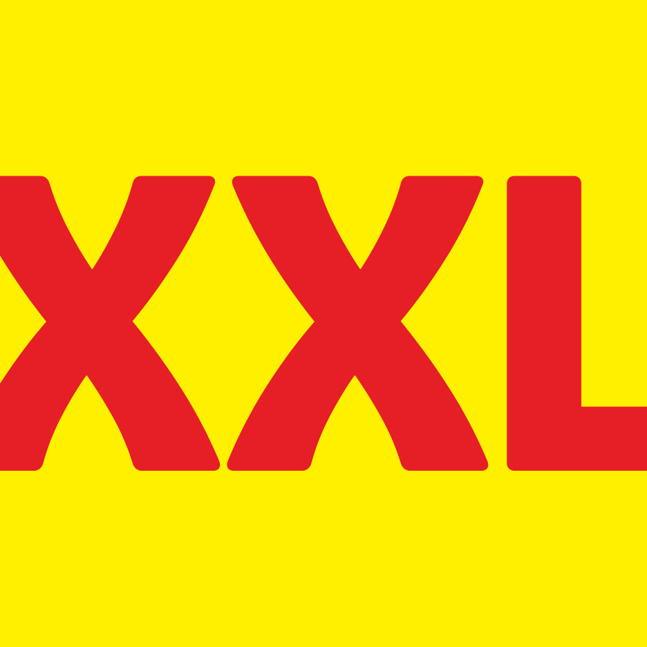 Crveni tekst 'XXL' na žutoj pozadini.