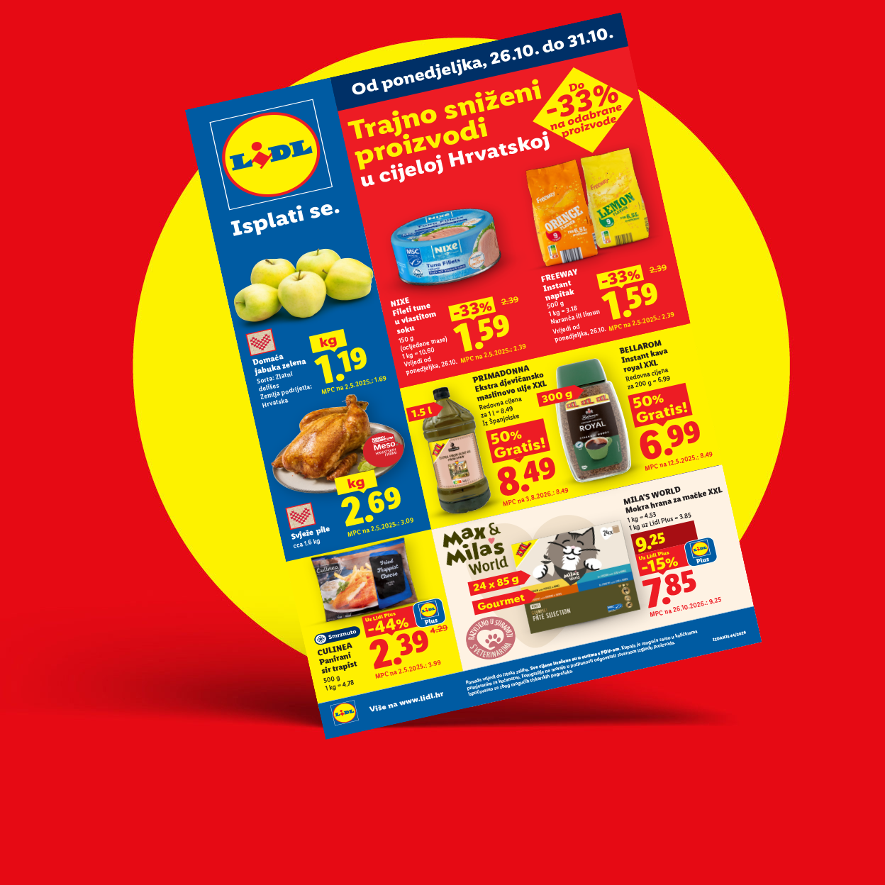 Lidl letak s akcijskim cijenama prehrambenih proizvoda i hrane za kućne ljubimce.