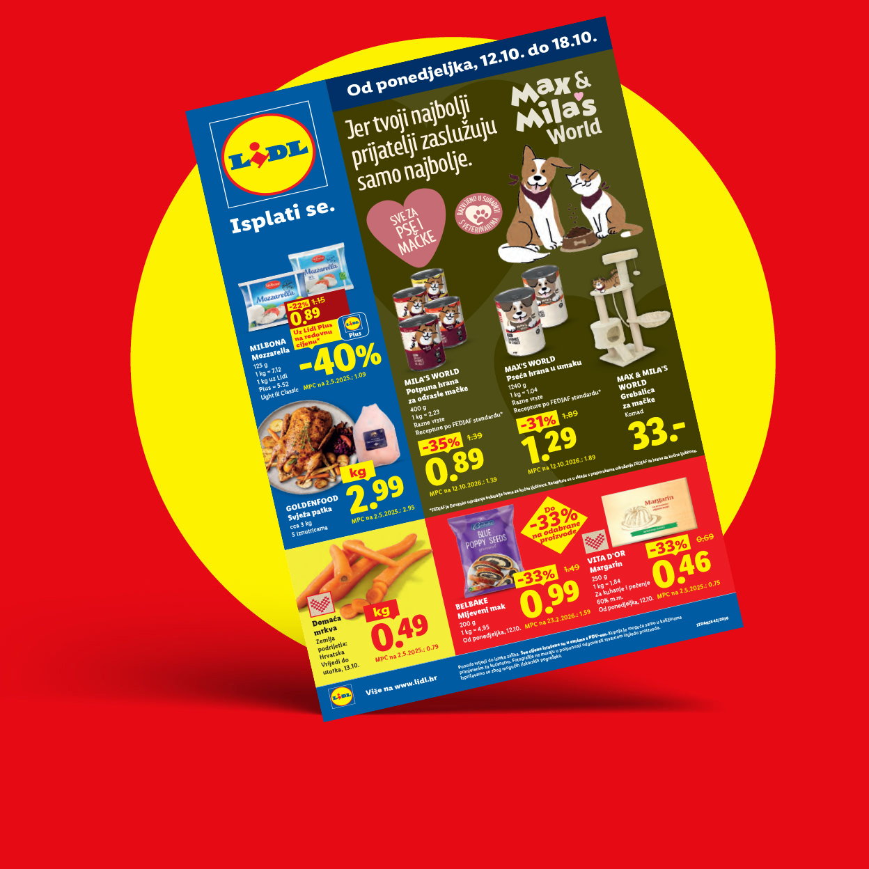 Lidl letak s ponudom hrane za kućne ljubimce, svježe patke, mrkve, maka i margarina.