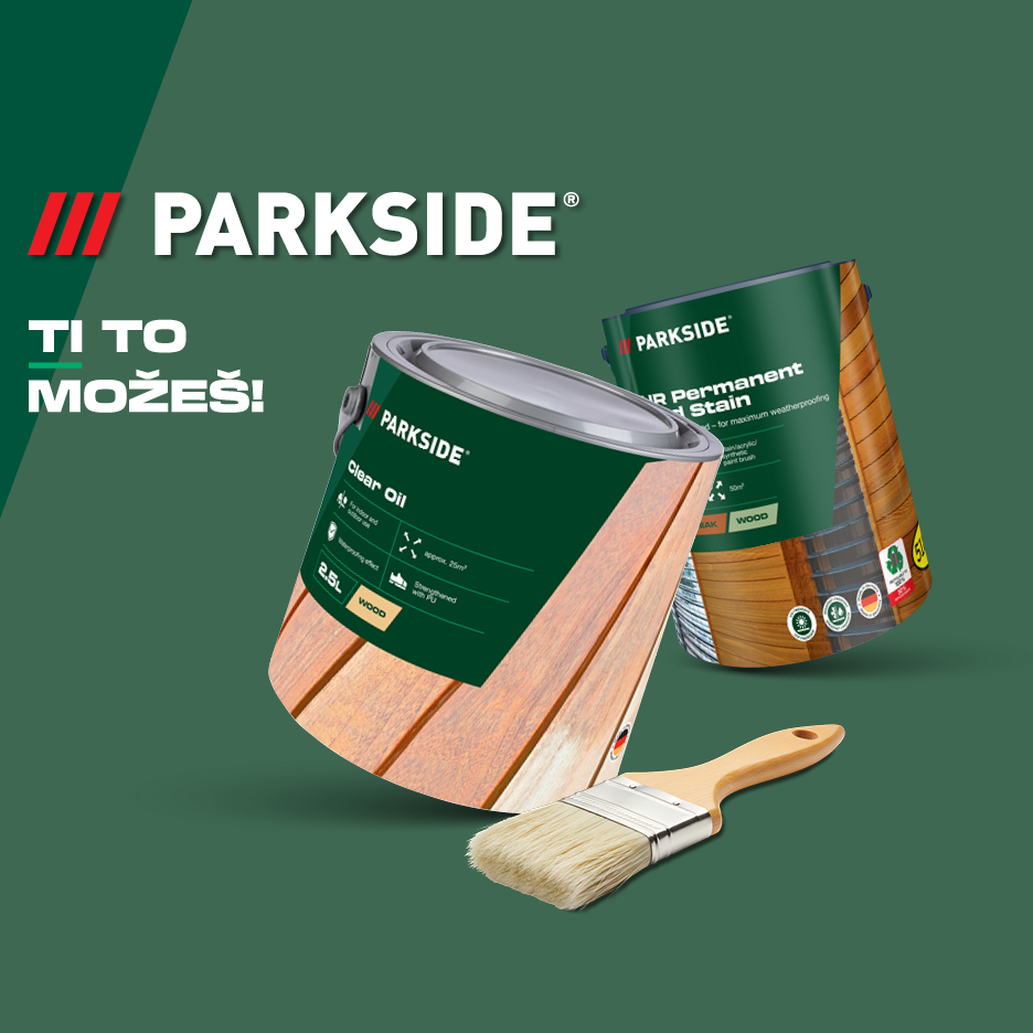 Limene kante s prozirnim uljem i trajnom mrljom za drvo, s kistom, na zelenoj pozadini.