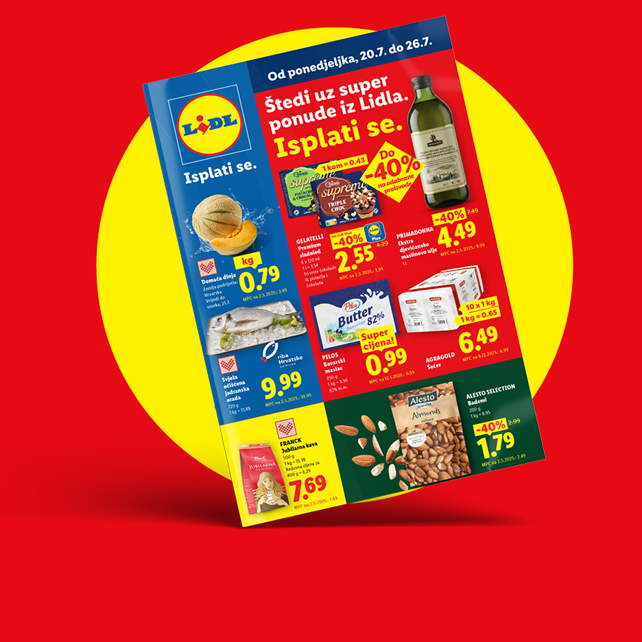 Lidl letak s ponudama: dinja, riba, sladoled, maslinovo ulje, maslac, šećer, kava i bademi.