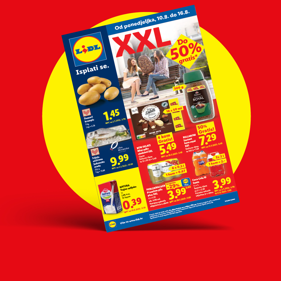 Lidl letak s ponudama XXL proizvoda, uključujući krumpir, ribu, sladoled, kavu, mlijeko, pivo i bezalkoholna pića.