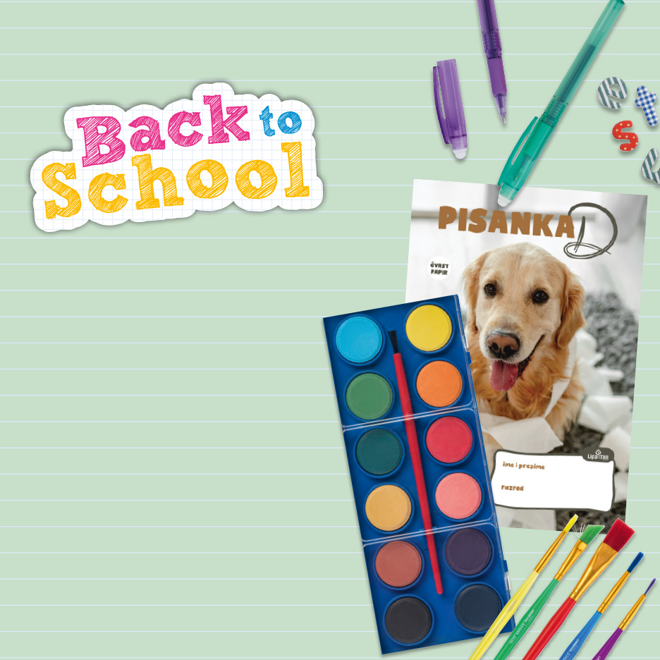 Natpis 'Back to School' s vodenim bojama, kistovima, bilježnicom sa psom i olovkama.