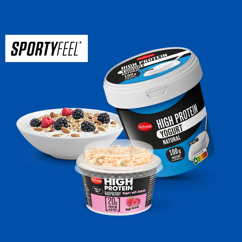 Visokoproteinski jogurti s granolom i bobičastim voćem, s natpisom Sportyfeel.