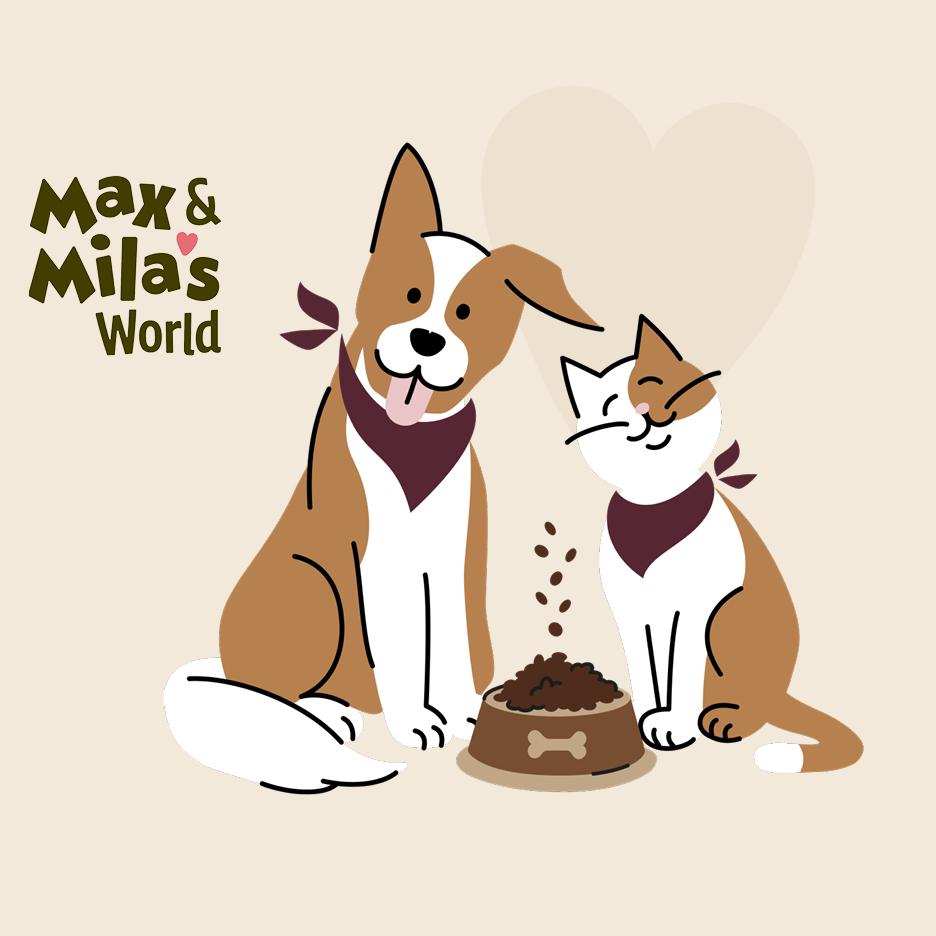 Ilustracija psa i mačke uz zdjelicu s hranom i natpisom Max & Mila's World.