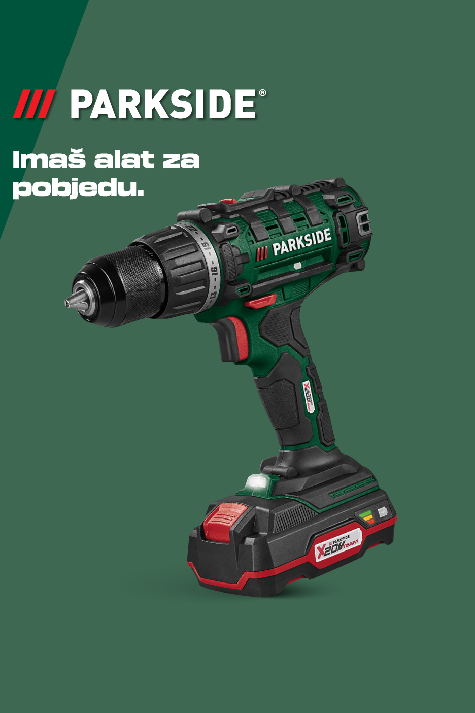 Akumulatorska bušilica-odvijač s baterijom na tamnozelenoj pozadini s tekstom: 'Imaš alat za pobjedu.'