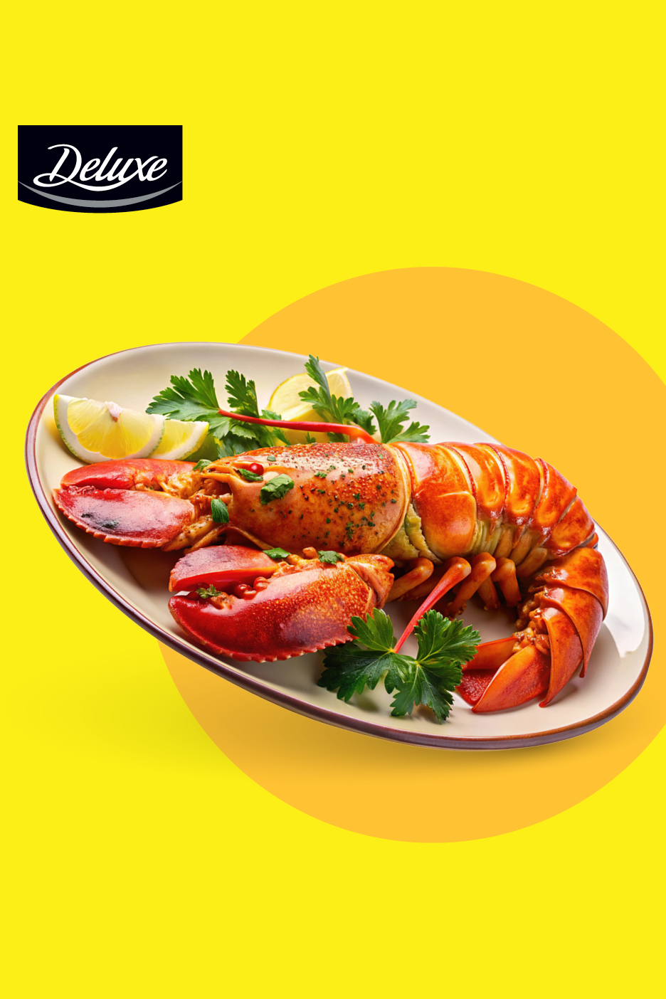 Kuhani jastog s limunom i peršinom na tanjuru, na žutoj pozadini.