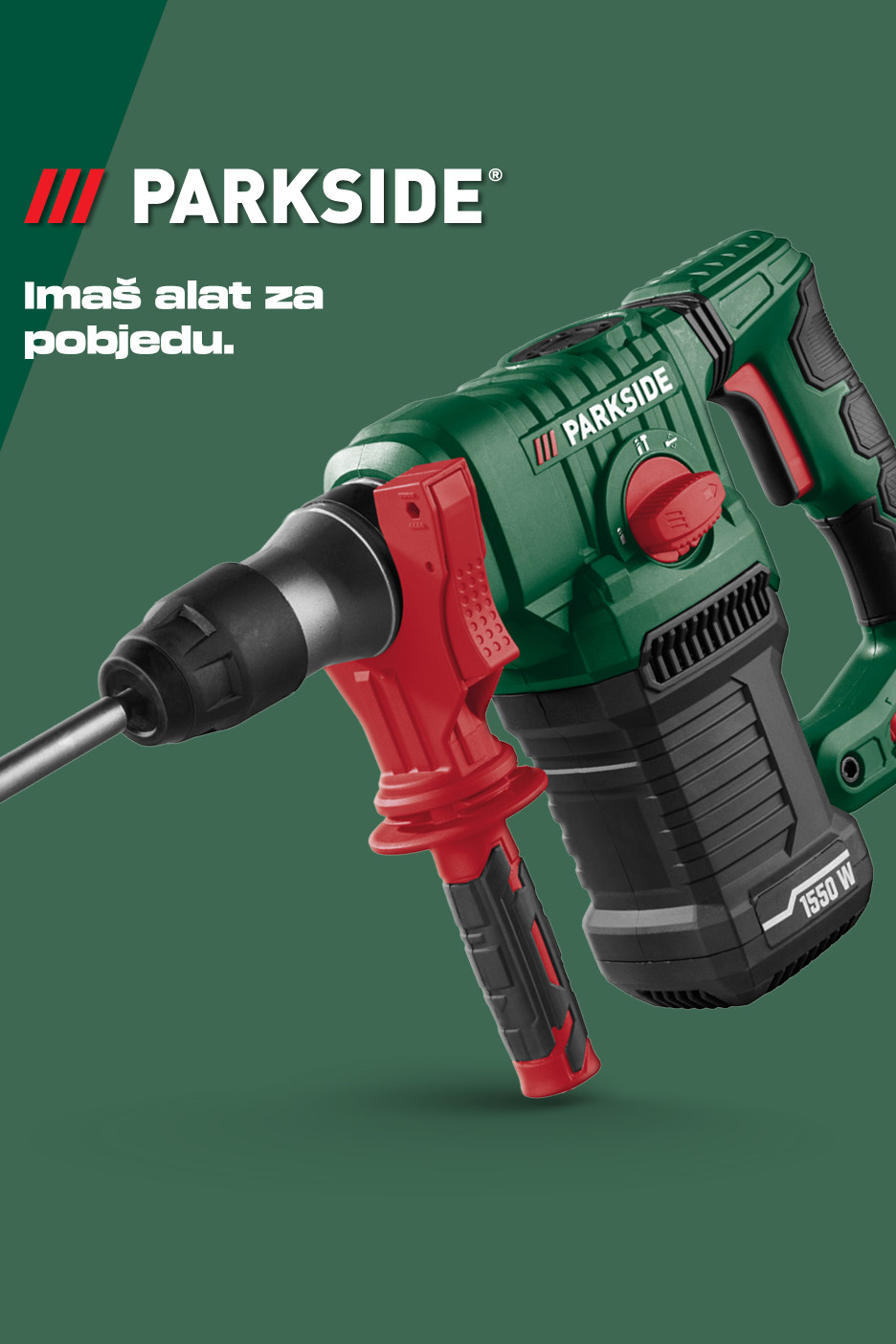 Udarna bušilica zelene i crvene boje s natpisom 'Imaš alat za pobjedu'.