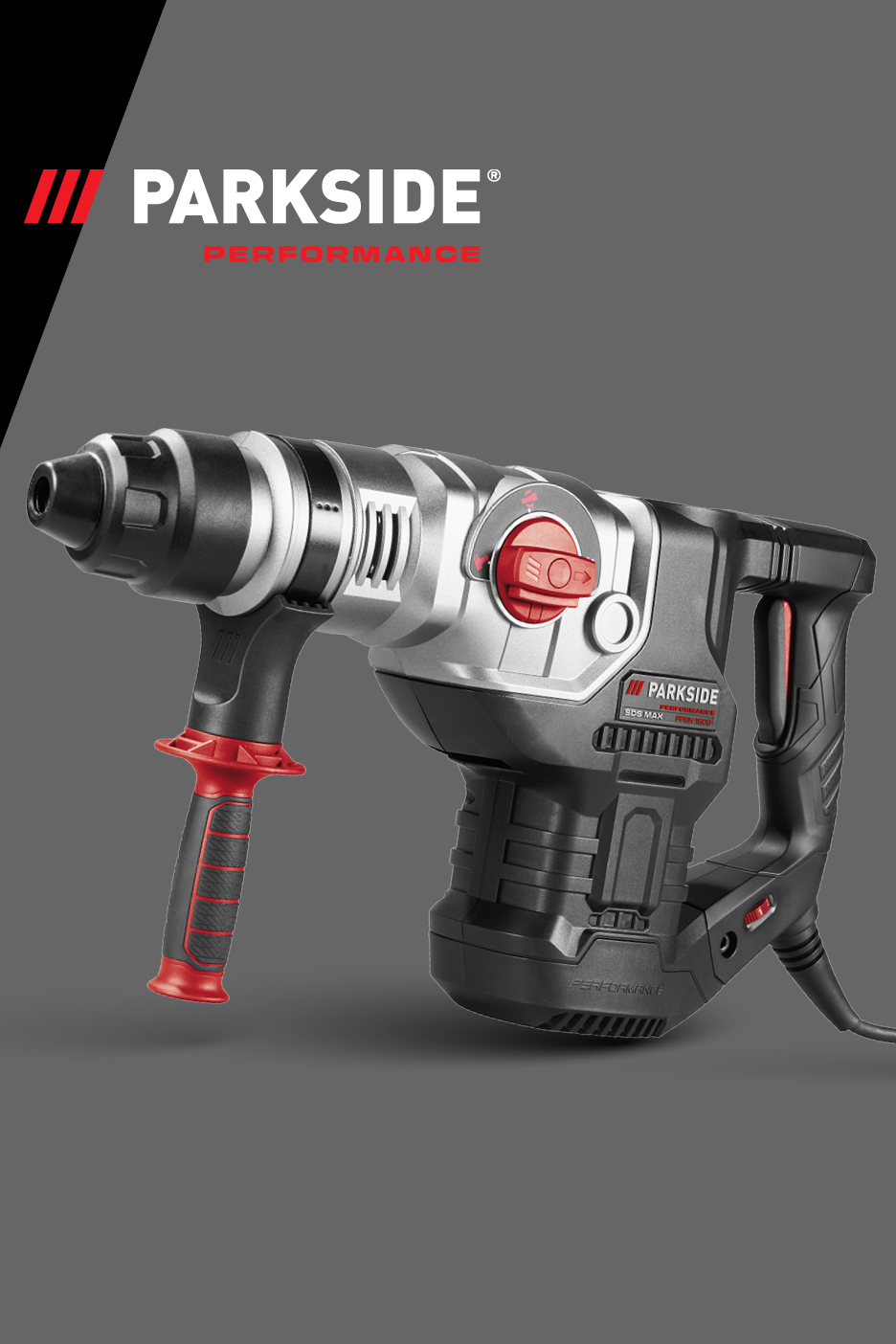 Siva i crna udarna bušilica s crvenim detaljima i logotipom 