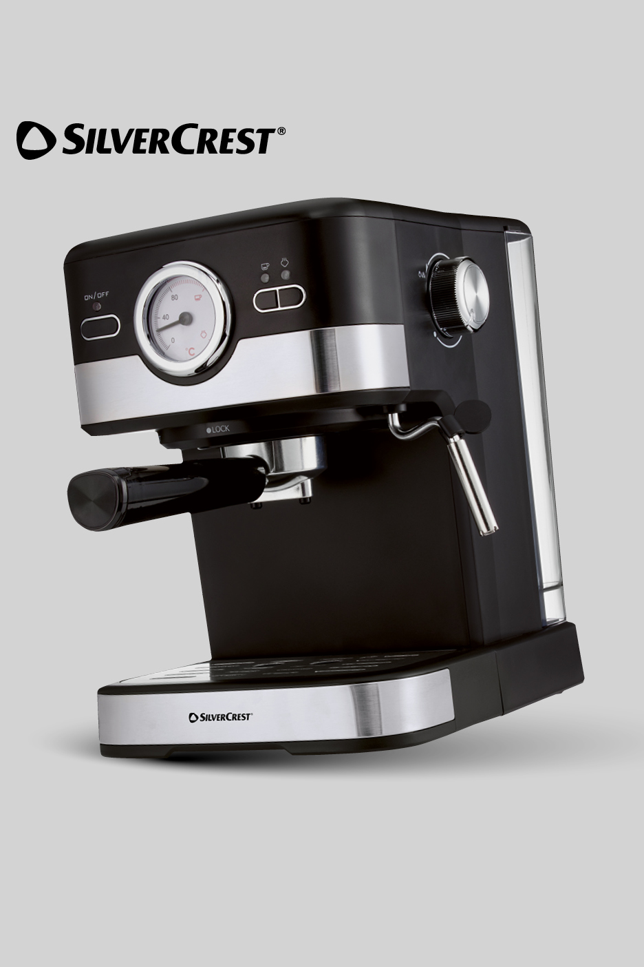 Crni aparat za espresso s kromiranim detaljima, mjeračem temperature i parnom mlaznicom.