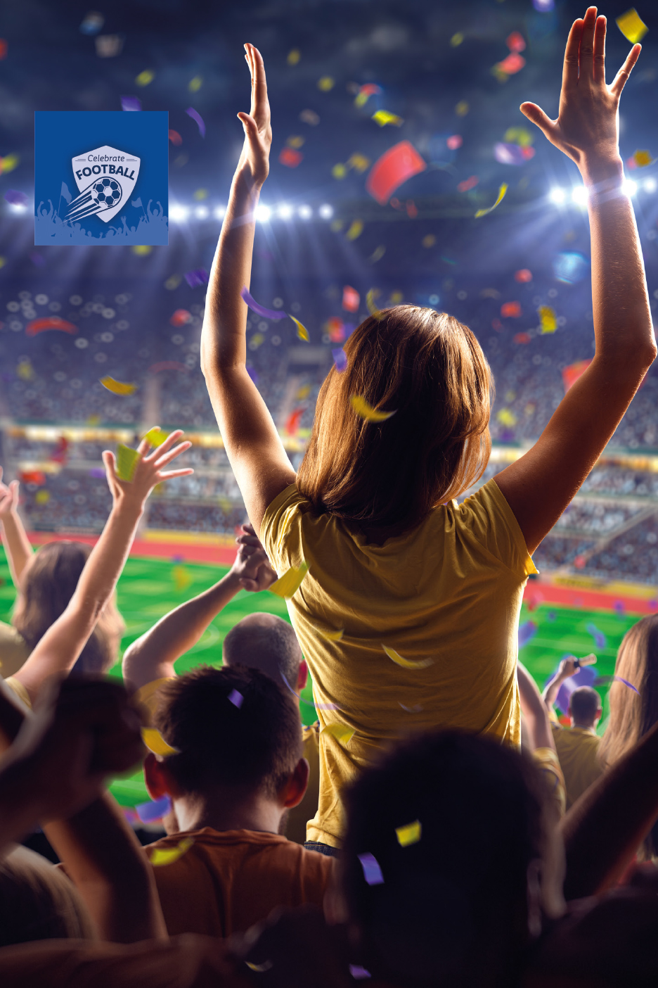 Navijači slave na nogometnoj utakmici s konfetima i logotipom 'Celebrate Football'.