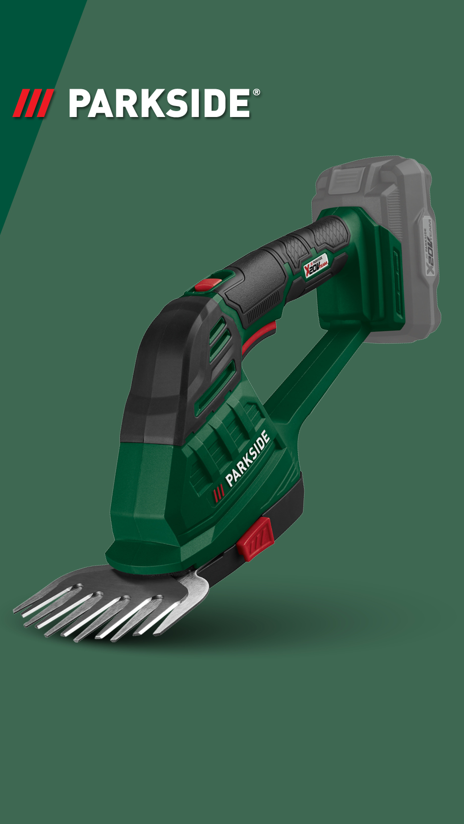 Akumulatorske škare za travu i grmlje s baterijom na tamnozelenoj pozadini.