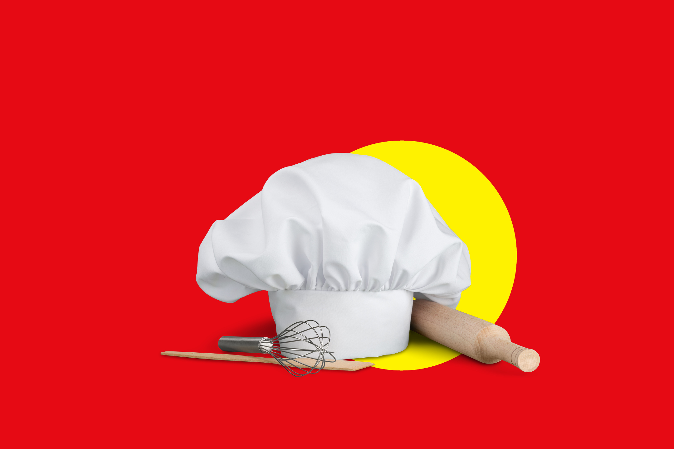 Kuharska kapa, pjenjača i valjak za tijesto na crvenoj pozadini sa žutim krugom.