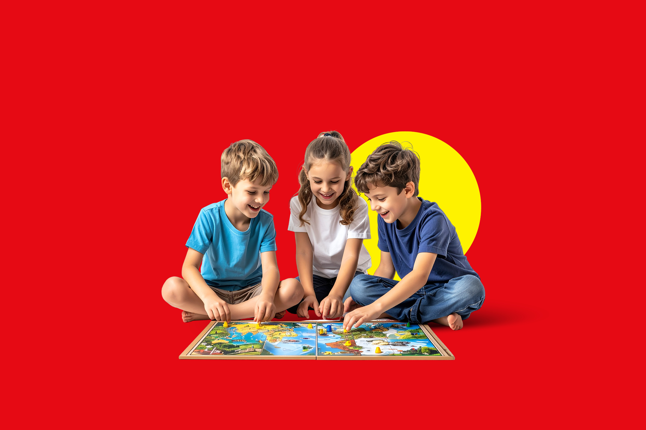 Troje djece igra društvenu igru na podu.