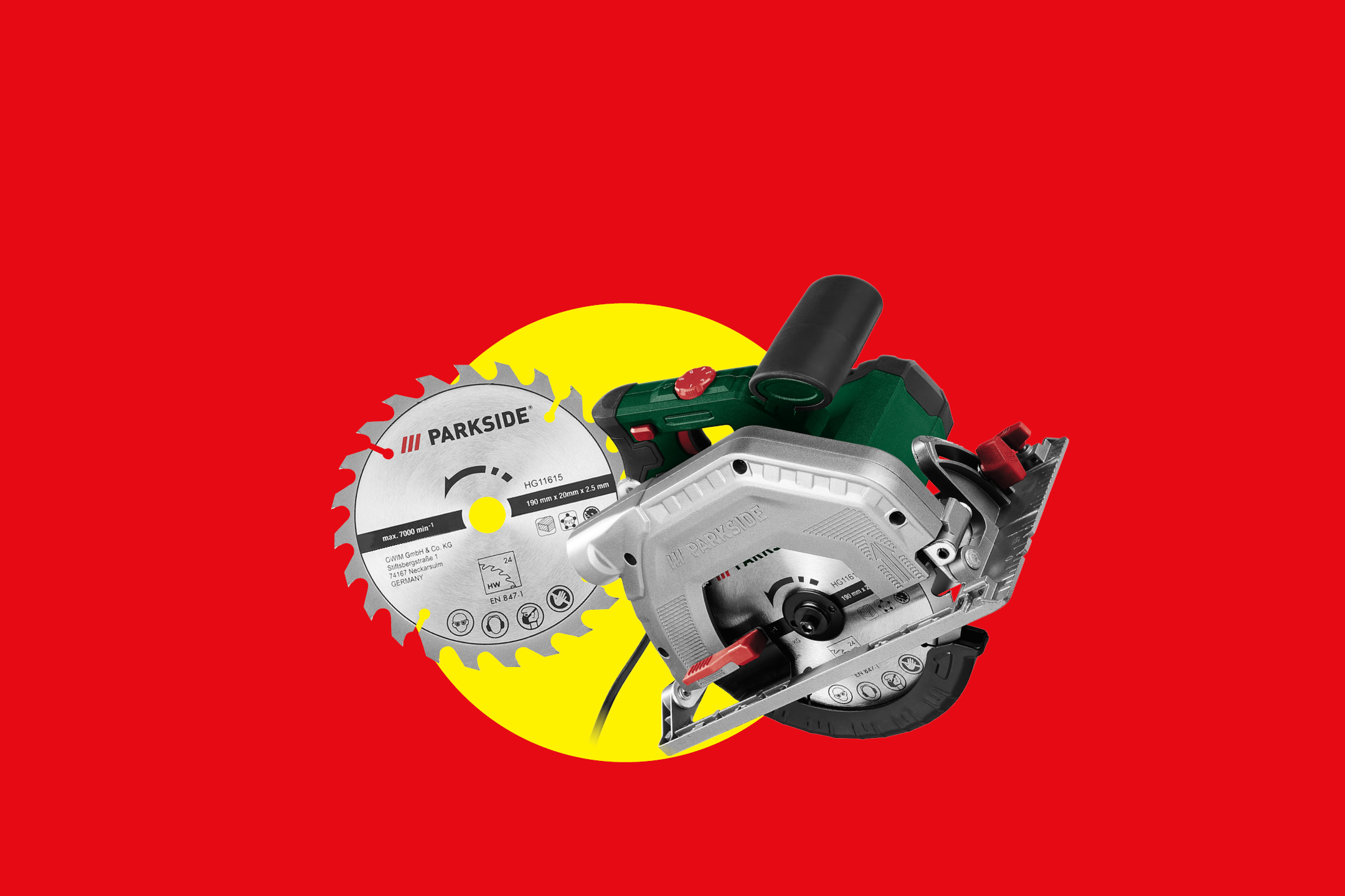 Kružna pila i list pile na crvenoj pozadini sa žutim krugom.