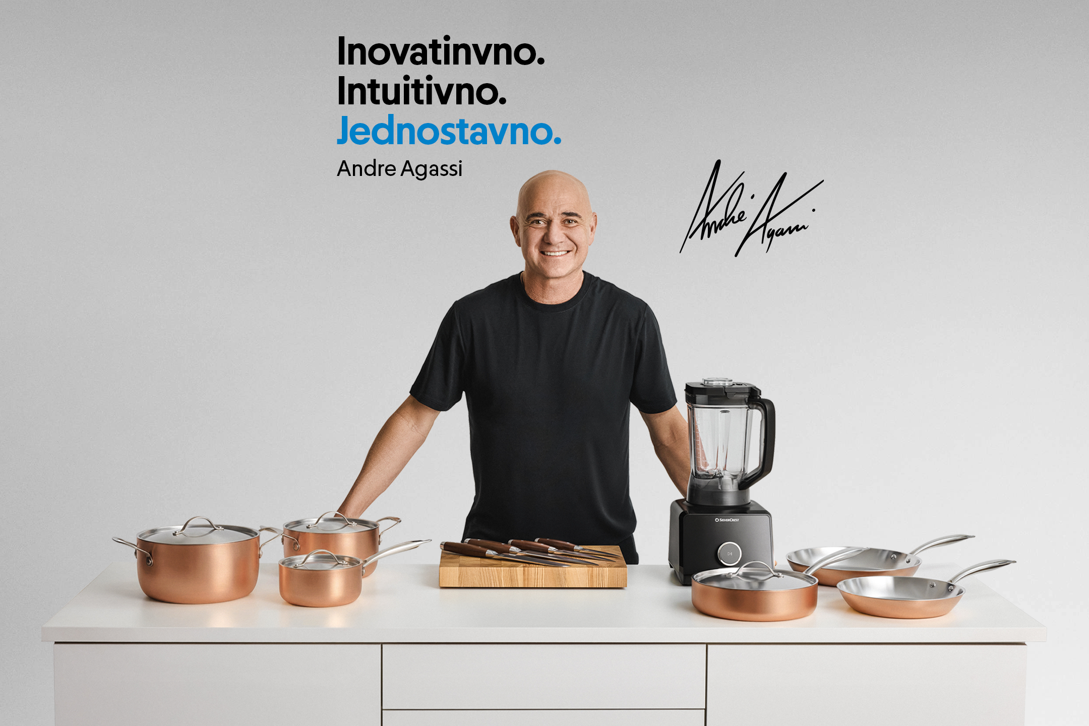 Andre Agassi uz kuhinjski pribor i tekst: Inovativno. Intuitivno. Jednostavno.