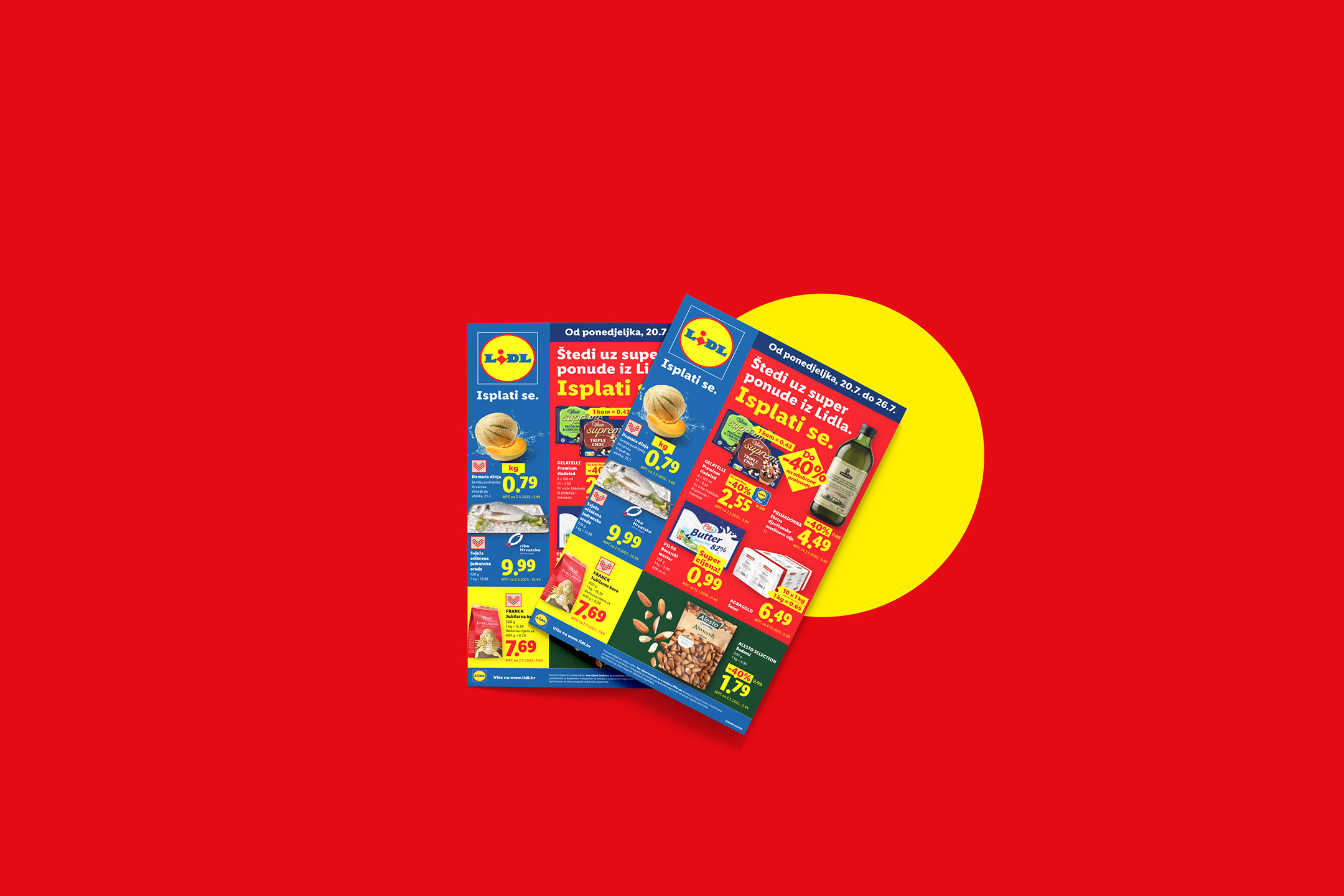 Lidl letci s ponudama voća, ribe, maslaca, kave, šećera i badema, s istaknutim popustima.