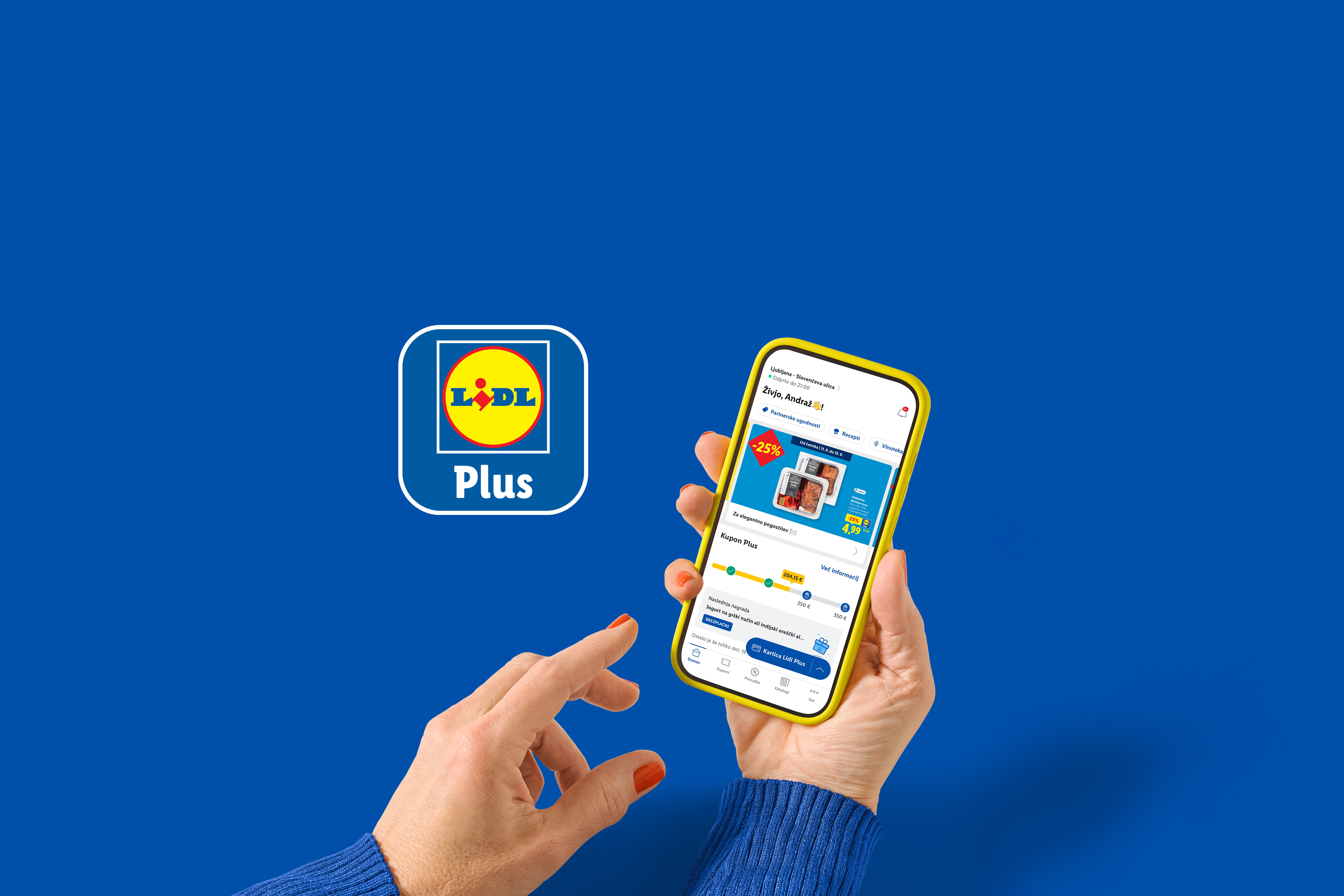 Aplikacija za kupone i popuste na pametnom telefonu, s prikazom ponude mesa i jogurta.