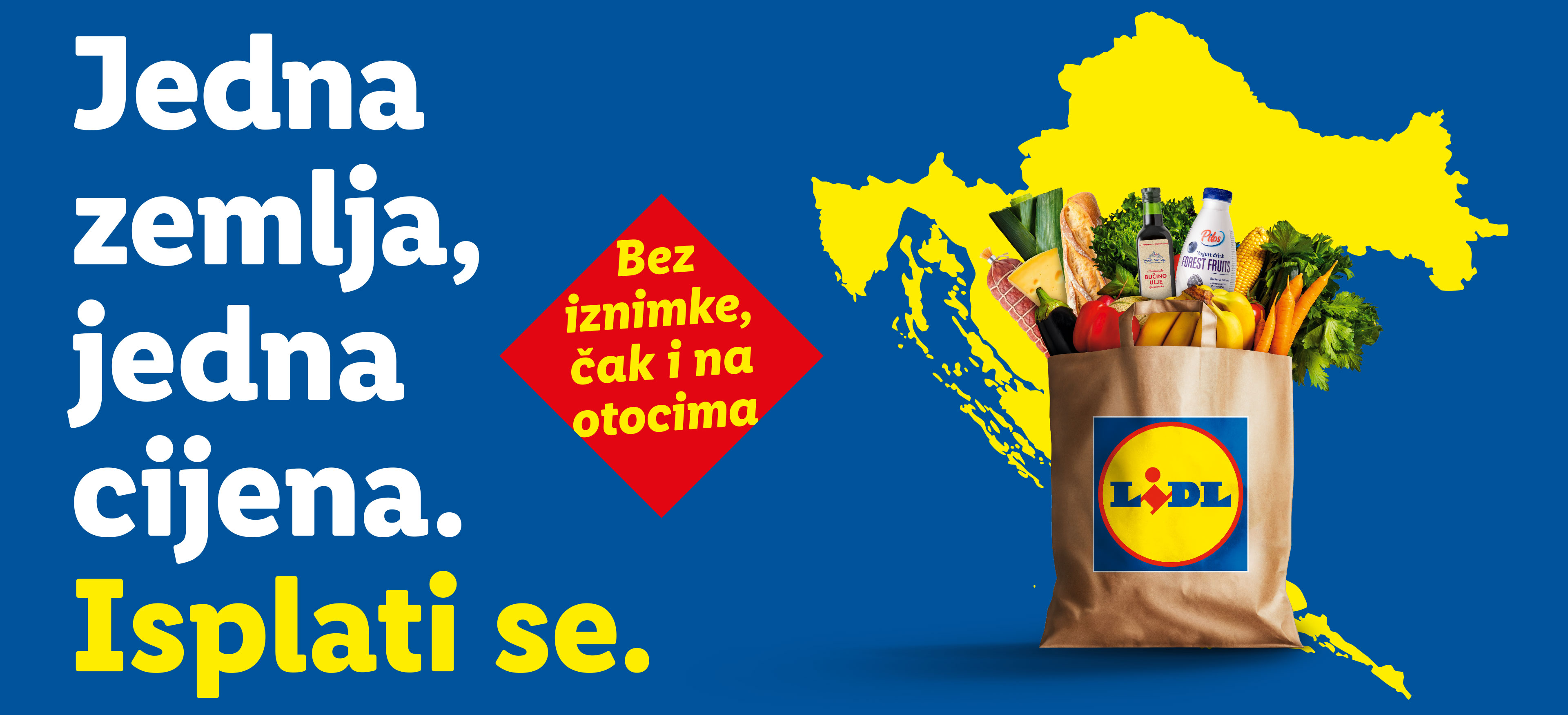 Karta Hrvatske s vrećicom punom namirnica i tekstom: 'Jedna zemlja, jedna cijena. Isplati se. Bez iznimke, čak i na otocima.'