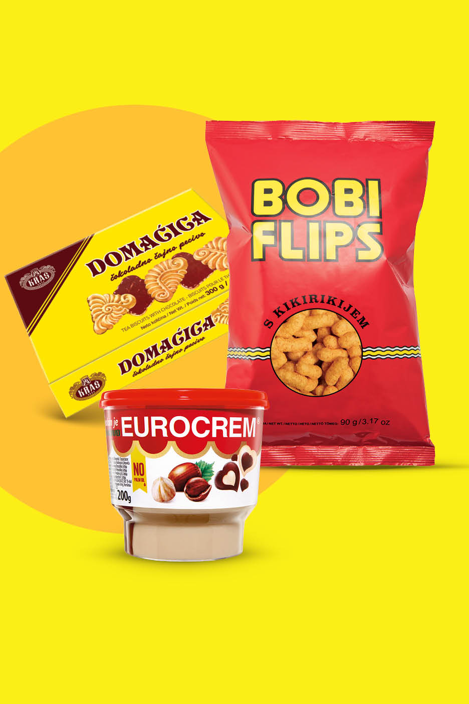 Pakiranje flipsa od kikirikija, kutija čajnih keksa s čokoladom i teglica namaza od lješnjaka.