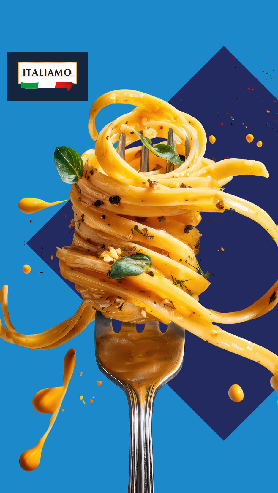 Tjestenina s umakom i začinima na vilici, s natpisom 'ITALIAMO' i talijanskom zastavom.