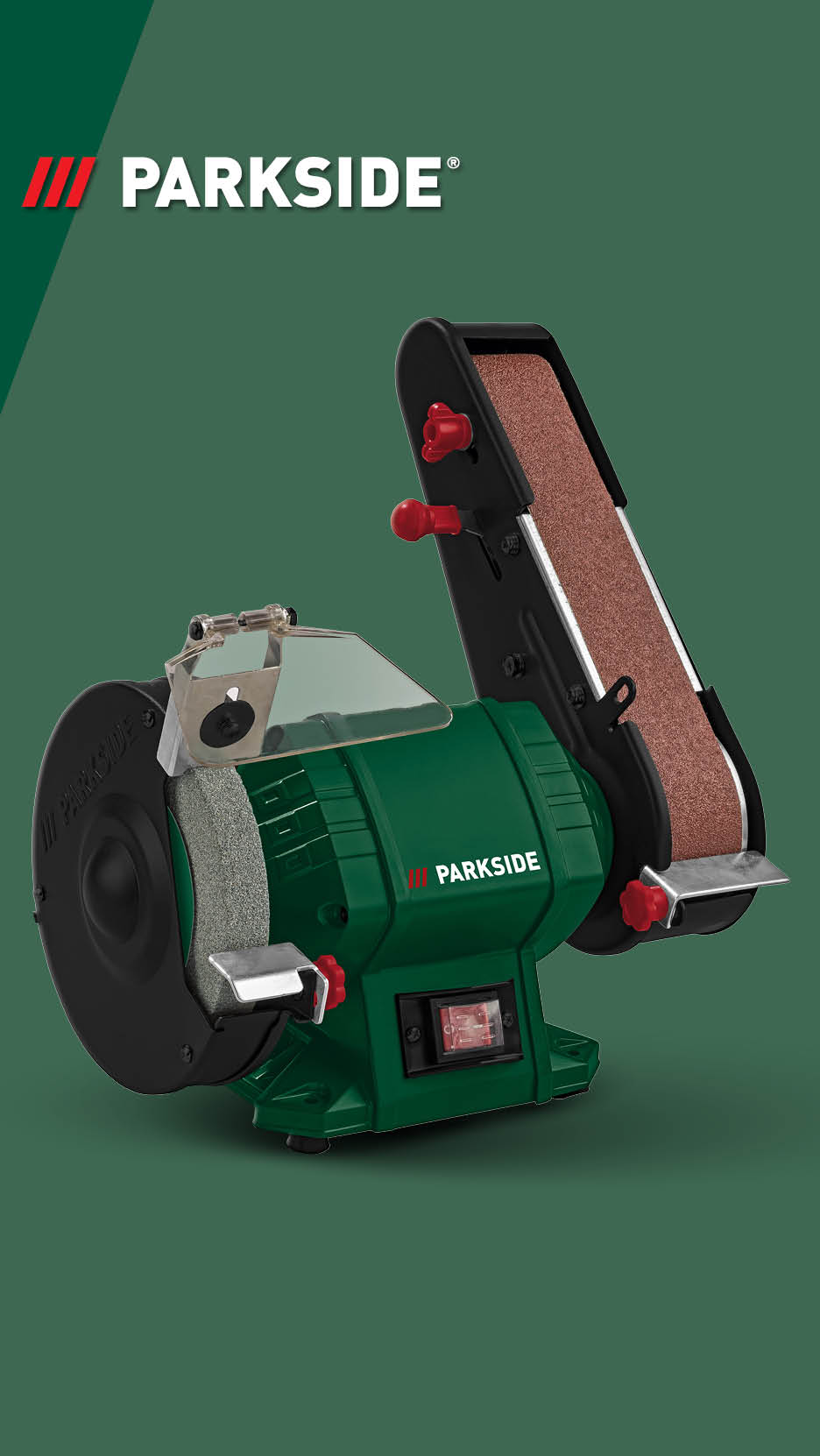 Zelena stolna brusilica s brusnim kotačem i trakom za brušenje.