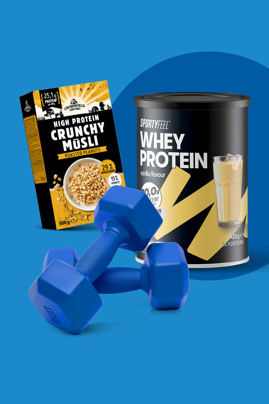 Kutija hrskavog müslija s visokim udjelom proteina, posuda proteina sirutke i utezi.