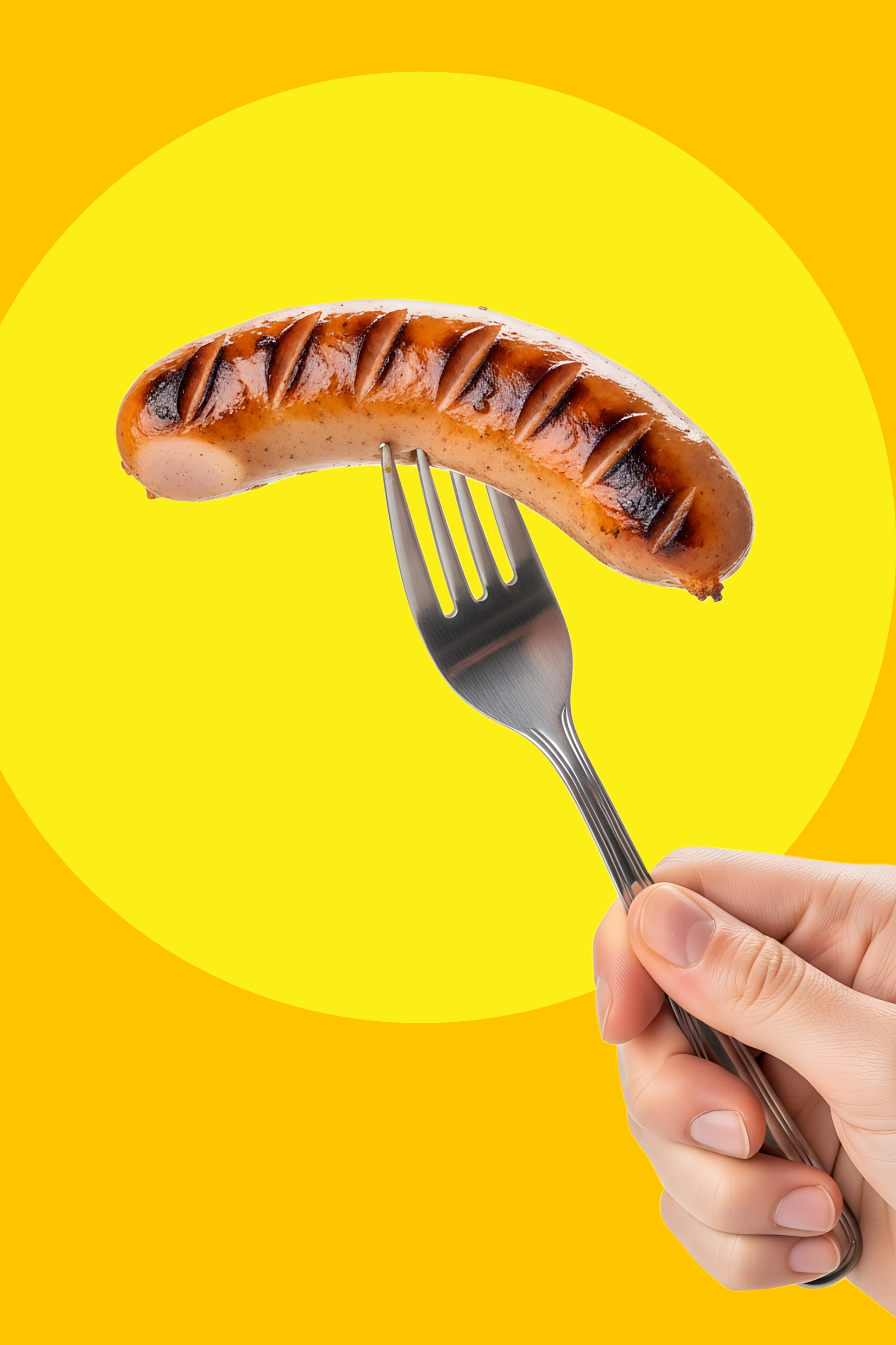 Ruka drži vilicu s pečenom kobasicom na žutoj pozadini.