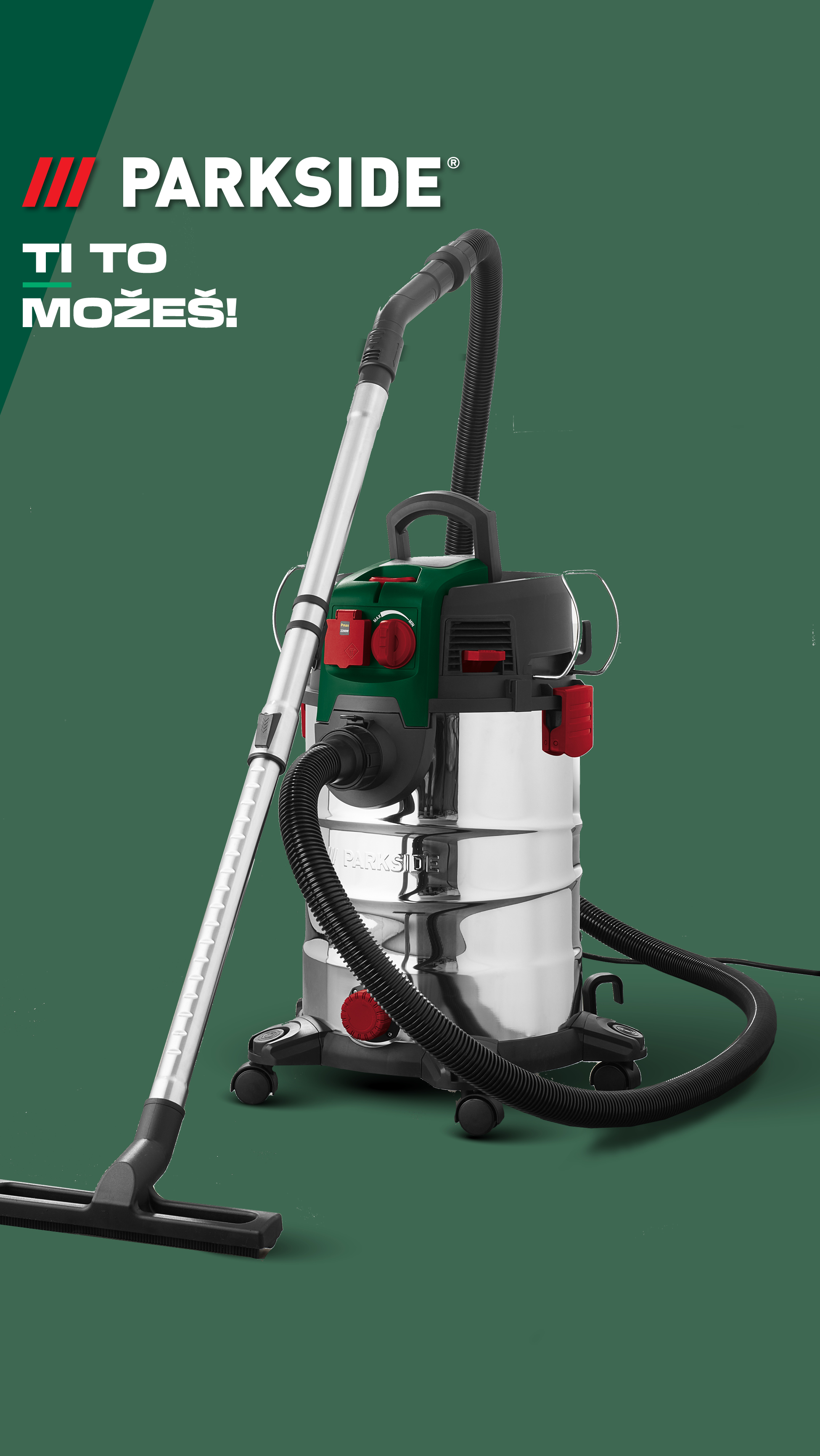 Usisavač za mokro i suho usisavanje na tamnozelenoj pozadini s tekstom: 'TI TO MOŽEŠ!'