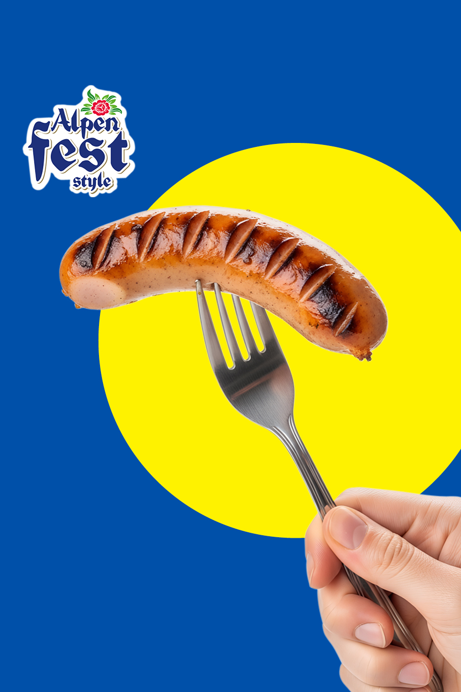 Pečena kobasica na vilici s logotipom Alpenfest style na plavoj i žutoj pozadini.