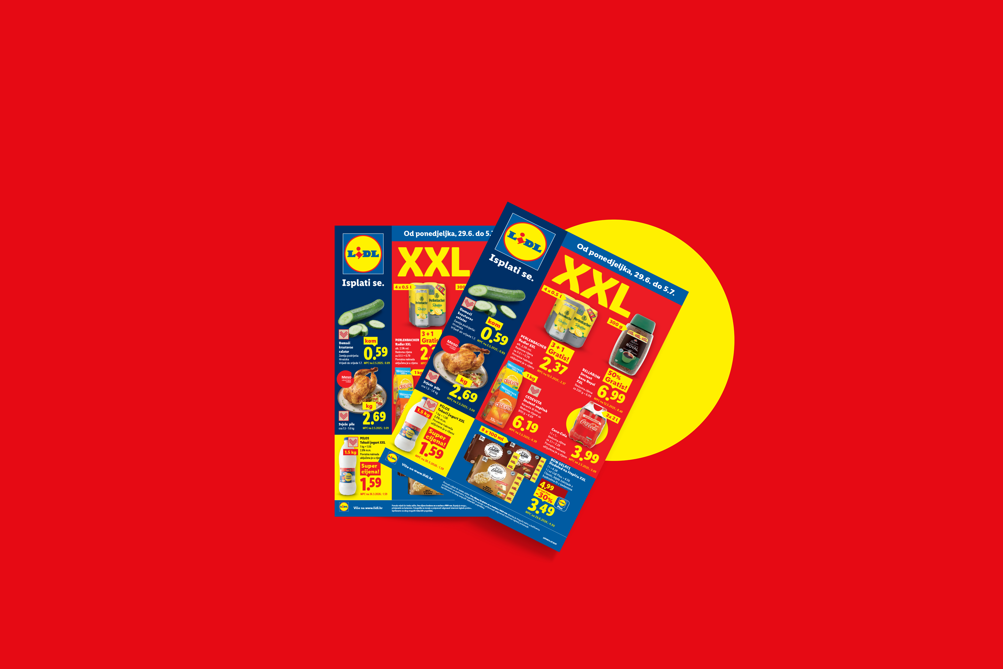 Lidl letak s XXL ponudom, uključujući svježe pile, jogurt, krastavce i pića.