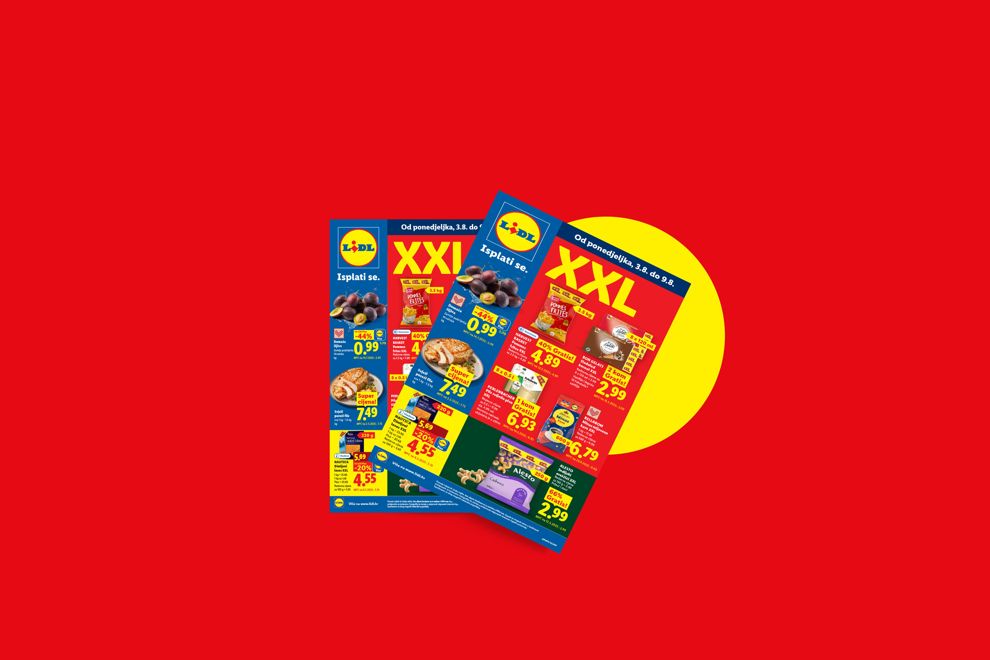 Lidl letak s ponudama XXL proizvoda, uključujući šljive, pomfrit i pureći file.