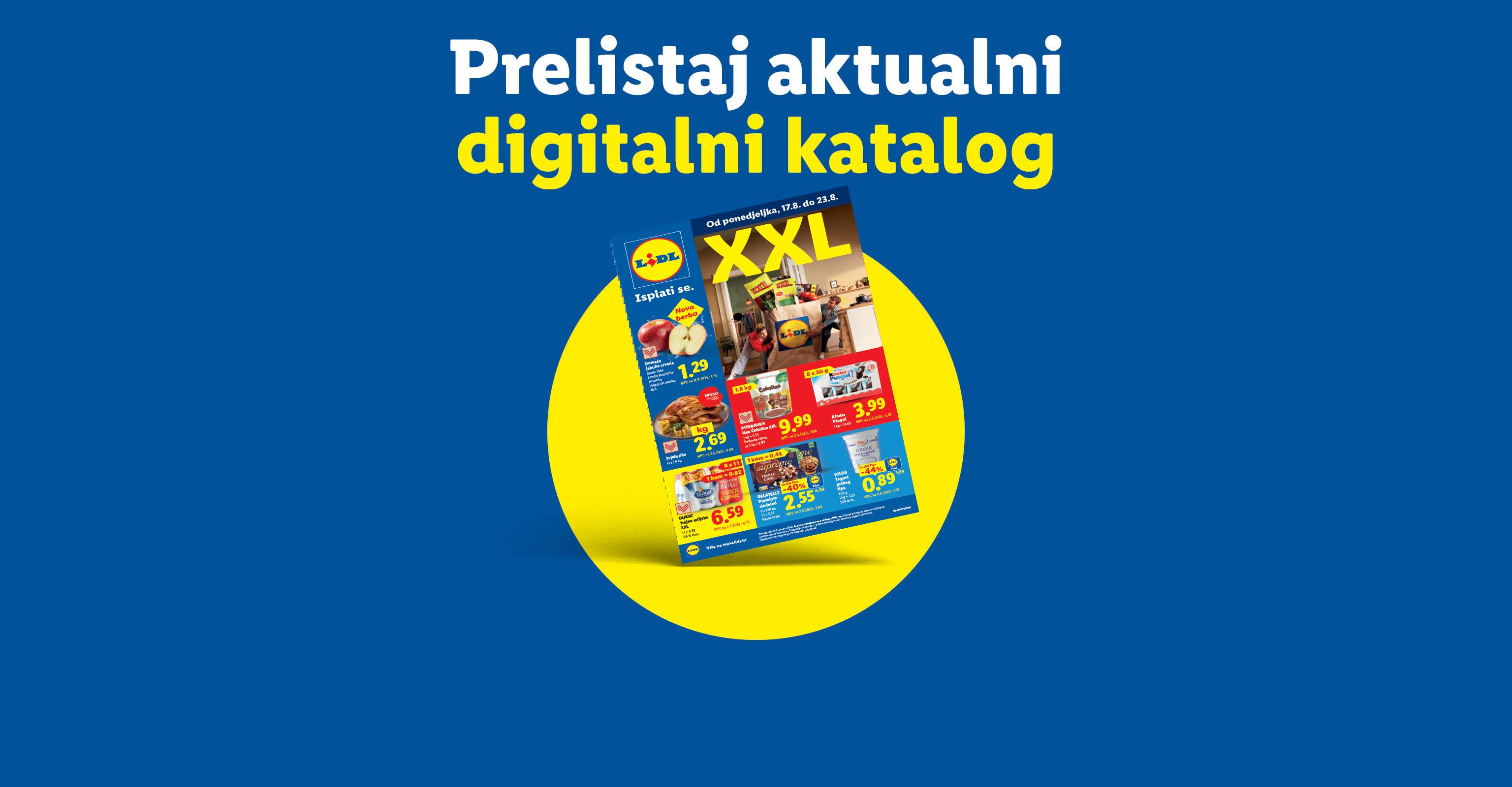 Naslovnica Lidl kataloga s ponudama za jabuke, piletinu, čokolino, sladoled, mlijeko i jogurt.