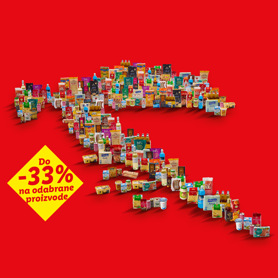 Raznovrsni prehrambeni proizvodi posloženi u obliku upitnika uz popust do -33%.