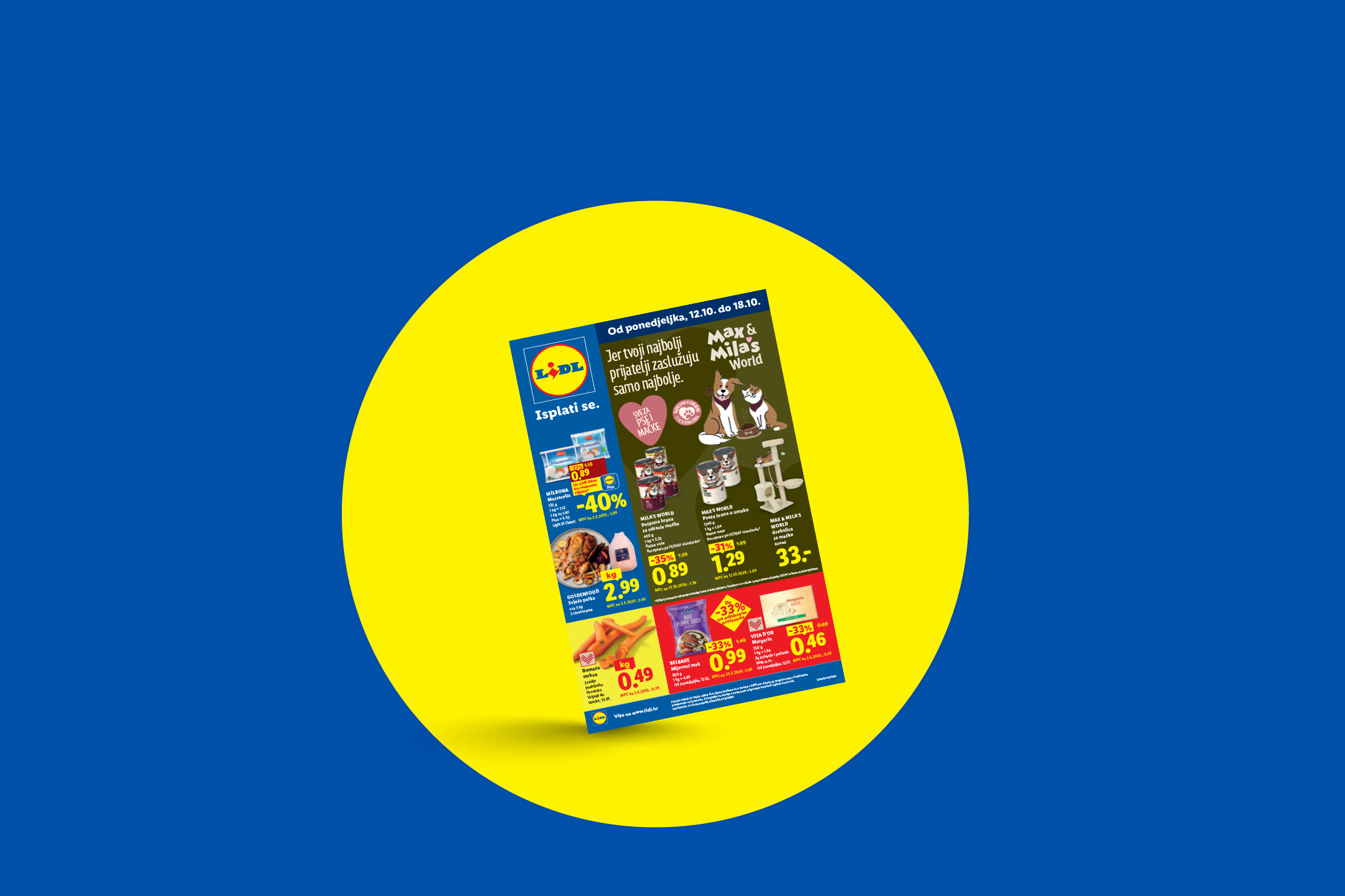 Lidl letak s ponudom hrane za kućne ljubimce i prehrambenih proizvoda na akciji.