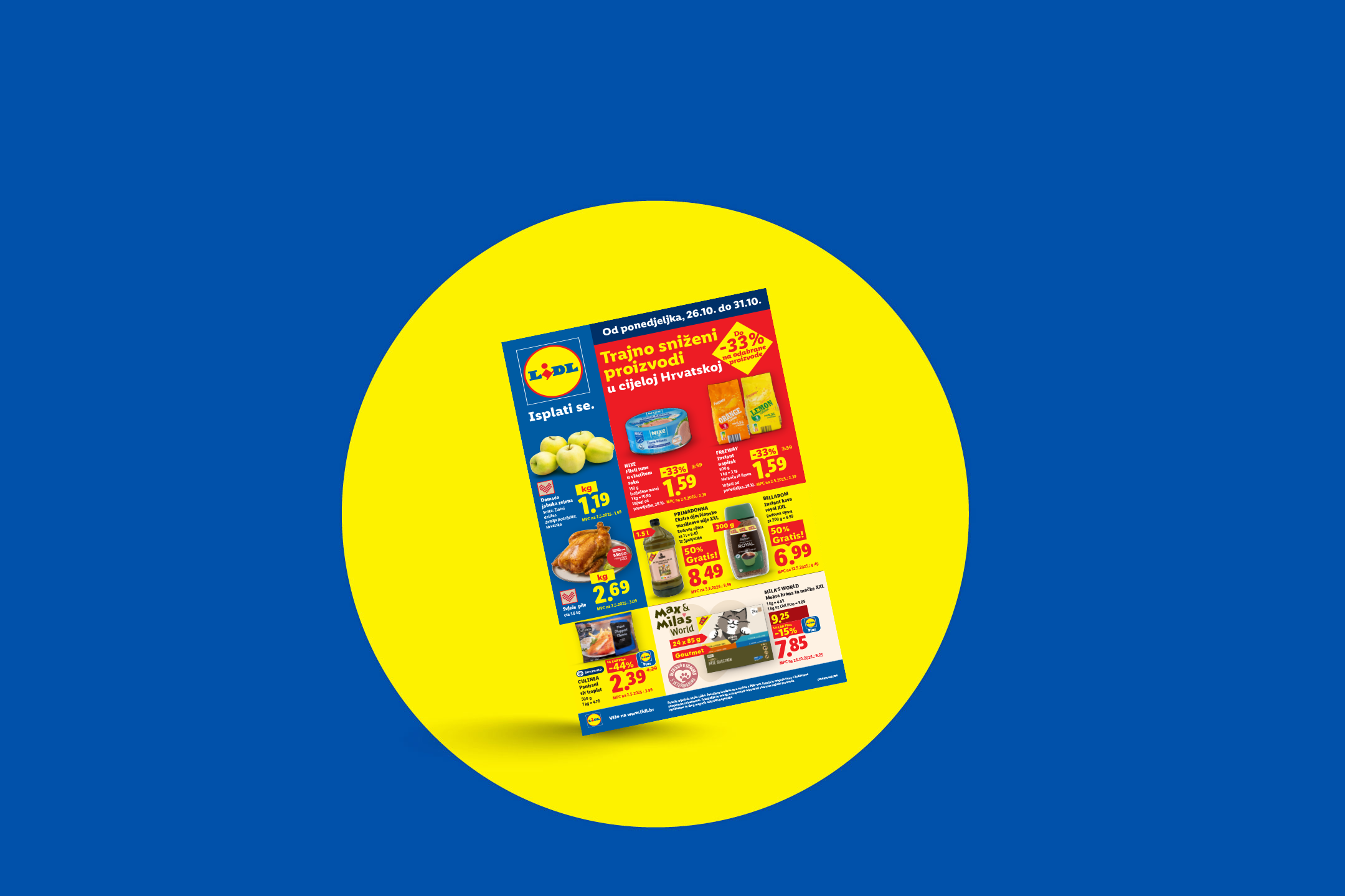 Lidl letak s akcijskim ponudama prehrambenih proizvoda i hrane za kućne ljubimce.