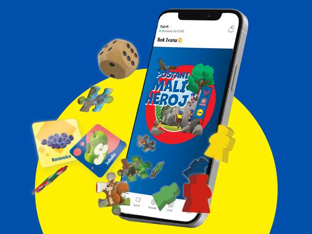 Pametni telefon s aplikacijom Lidl i društvenim igrama na žutoj pozadini.