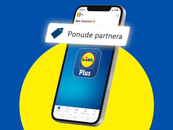 Pametni telefon s aplikacijom Lidl Plus i natpisom 'Ponude partnera' na žutoj pozadini.