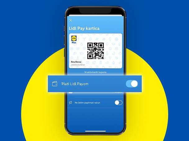 Pametni telefon prikazuje aplikaciju Lidl Pay s QR kodom i opcijama plaćanja.
