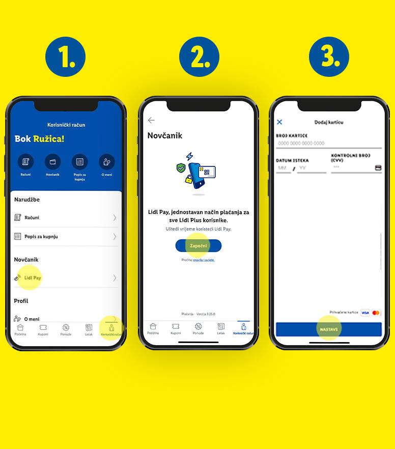Lidl Plus aplikacija prikazuje korake za postavljanje Lidl Pay-a: odabir opcije, pokretanje i unos podataka o kartici.
